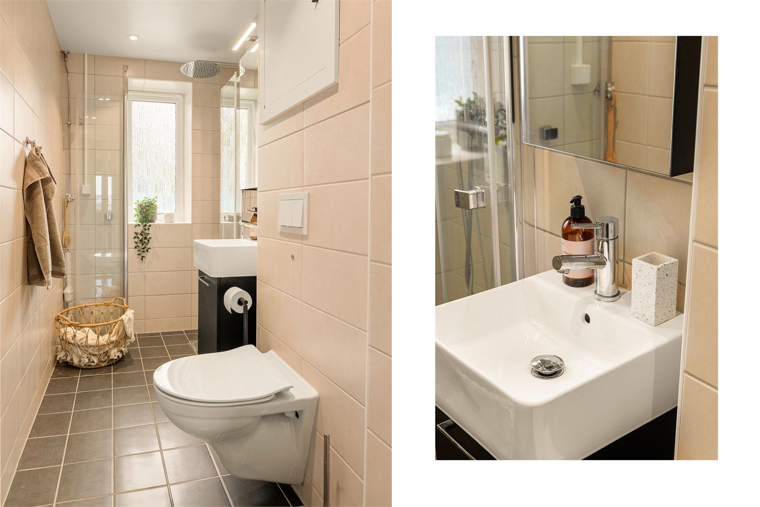 - Badet er helfliset, med varmekabler i gulv -