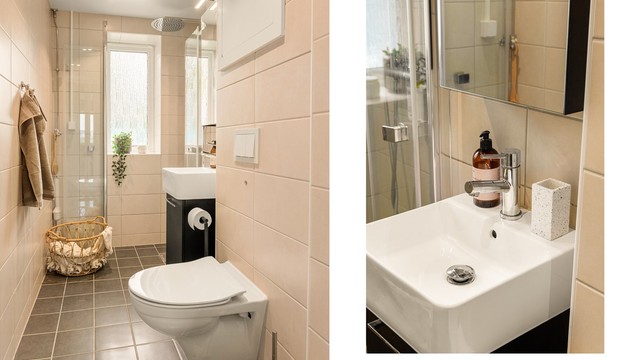 - Badet er helfliset, med varmekabler i gulv -
