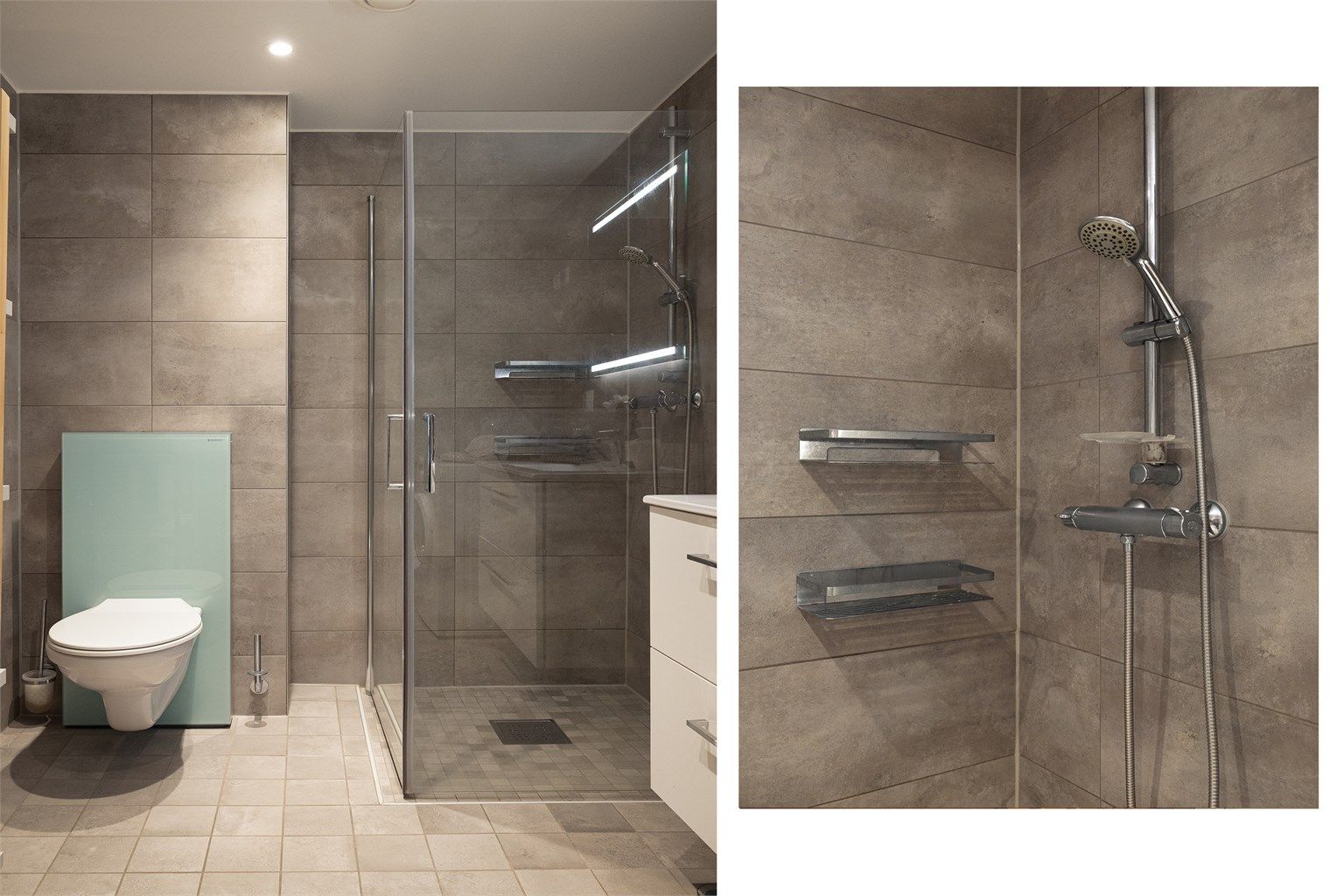 Dusjhjørnet har elegante glassdører og badet er innredet med vegghengt toalett som gir et stilrent og moderne uttrykk.