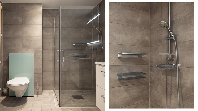 Dusjhjørnet har elegante glassdører og badet er innredet med vegghengt toalett som gir et stilrent og moderne uttrykk.