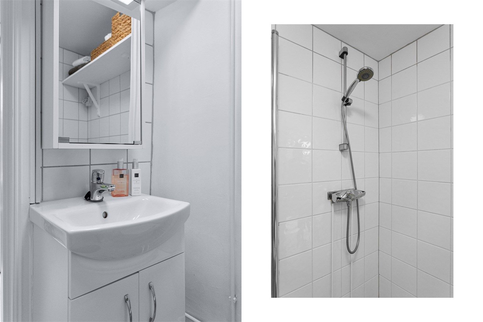 Badet er innredet med servant, speilskap og et dusjhjørne med praktiske, svingbare glassdører.