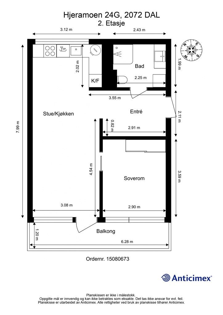 Plantegning med innvendige mål og himmelretning. 