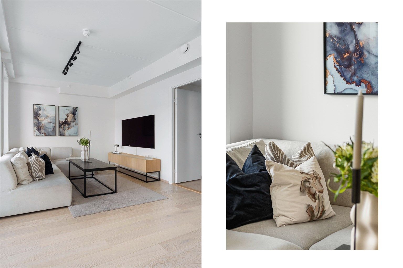 Rommet har en romslig og godt dimensjonert utforming med god plass til sofagruppe, salongbord og TV-seksjon.