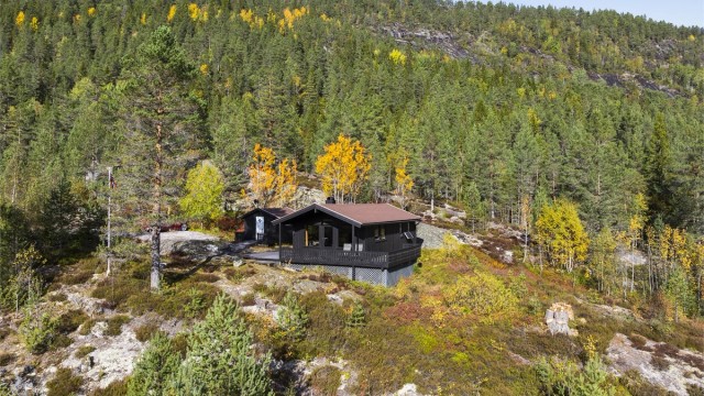 Hytta ligger høyt i terrenget med rikelig med luft og natur rundt seg. Foto: Hallvard Rimereit