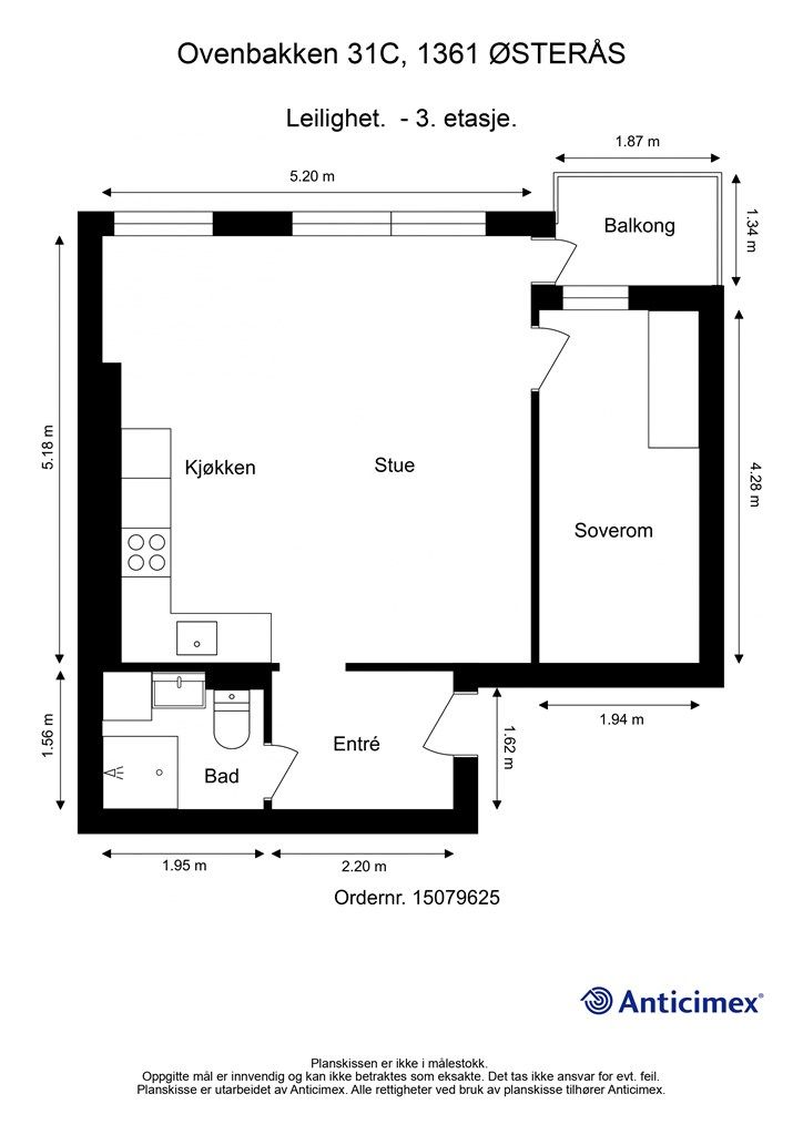 Leiligheten på 43 m² har en smart planløsning som skiller soverommet fra de sosiale sonene i stue og kjøkken.