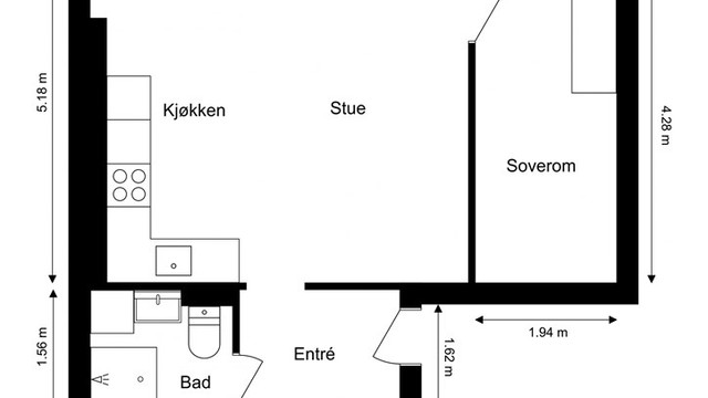 Leiligheten på 43 m² har en smart planløsning som skiller soverommet fra de sosiale sonene i stue og kjøkken.