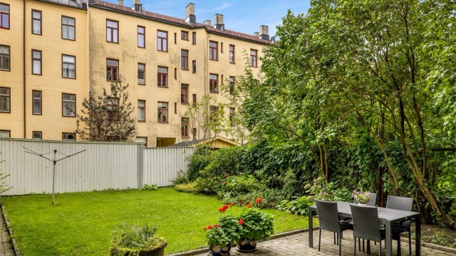 Bakgård. Her er det også sykkelparkering og mulighet for å grille. Sol fra midt på dagen til ca 21 på sommerstid iht selger.