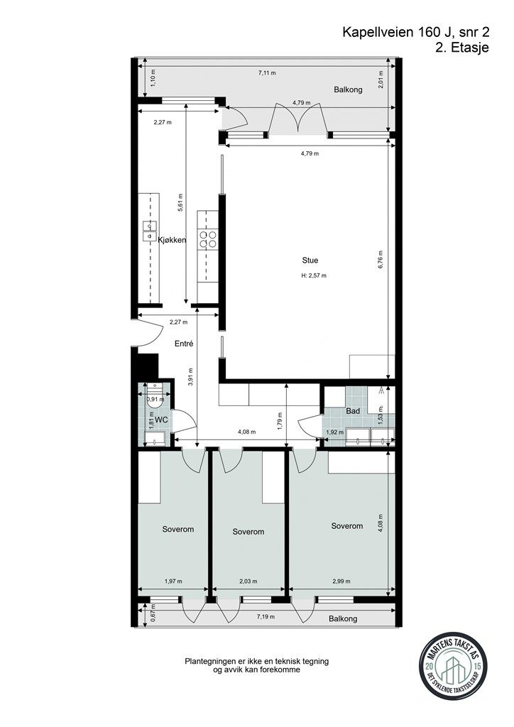 Målsatt planskisse - Kapellveien 160 J - 2. etasje