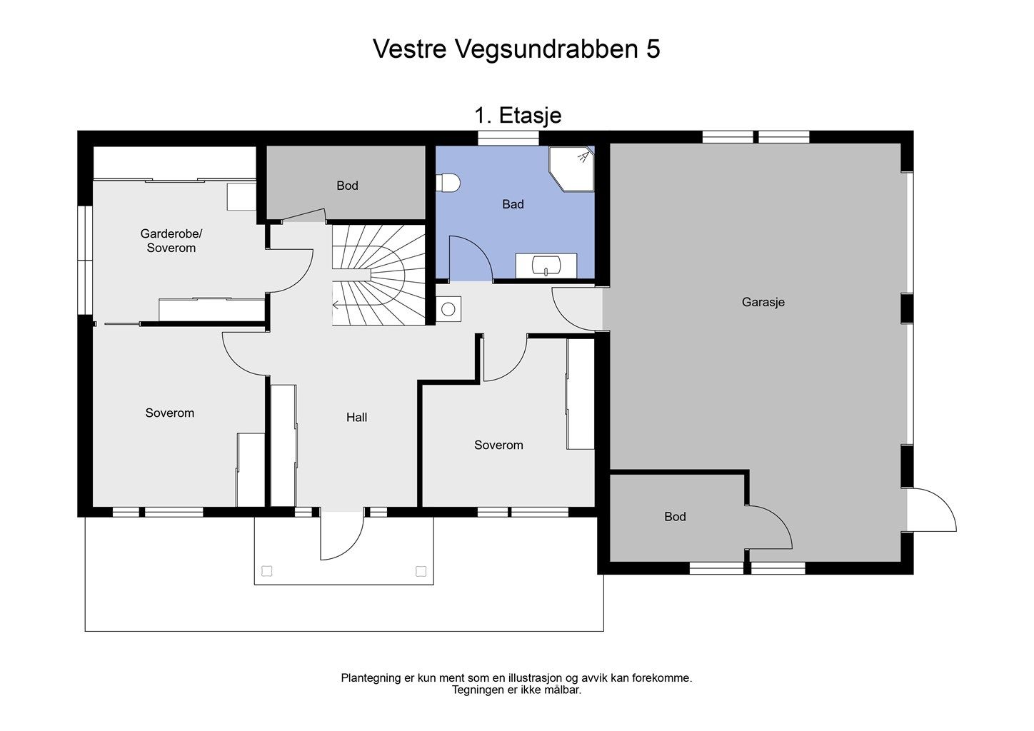 Underetasjen rommer hall, tre soverom, bad, bod og dobbel garasje.