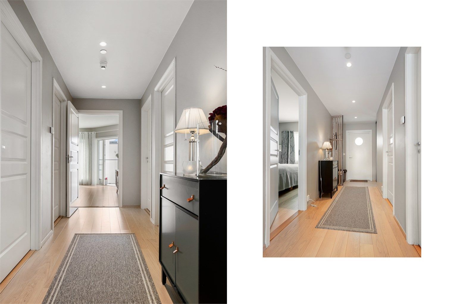 Gangen har parkettgulv og nedsenket himling med innfelte downlights.
