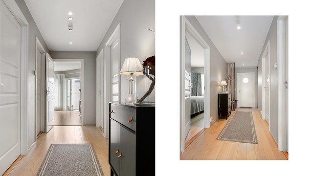 Gangen har parkettgulv og nedsenket himling med innfelte downlights.