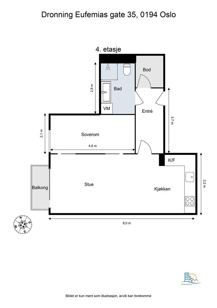 Boligen har en arealeffektiv planløsning på 51 m² som skiller soverom og bad fra den sosiale sonen med åpen stue- og kjøkkenløsning.