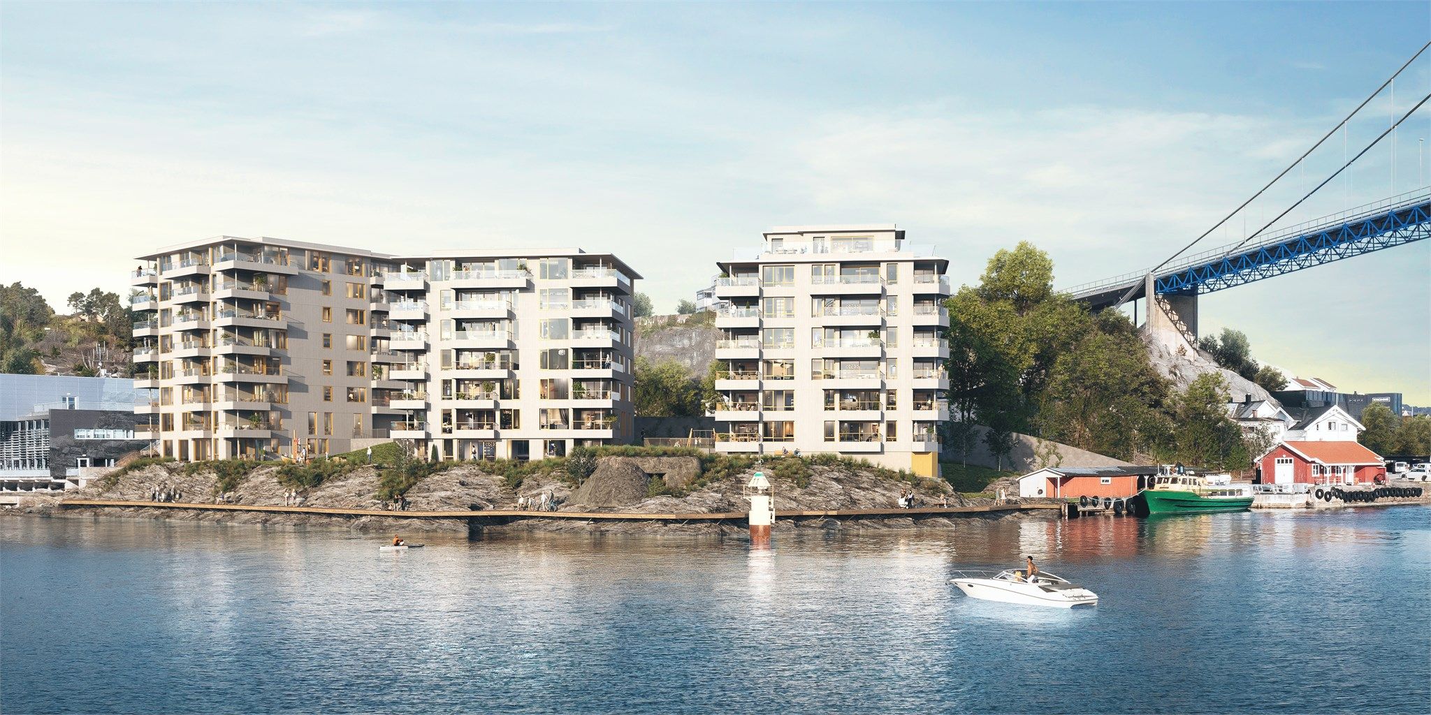 Leilighetene i bryggehusene har utearealer mot øst, sør og vest, og vil få se både flotte soloppganger og solnedganger.