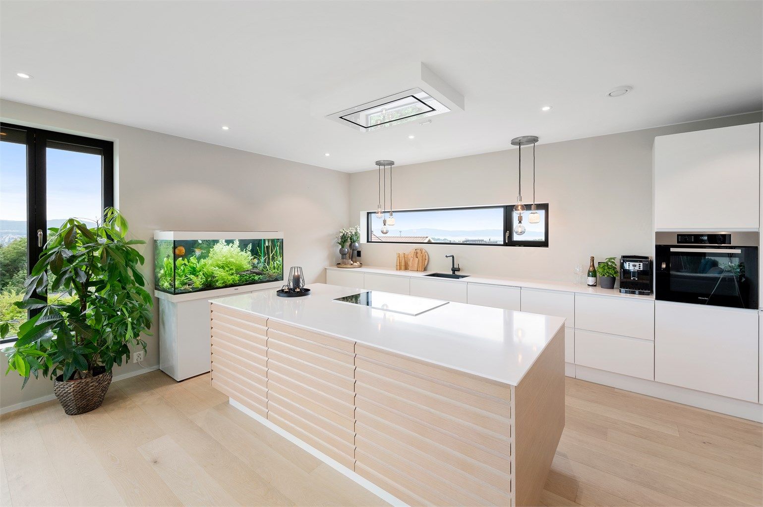 Oppholdssonen på midtre plan er vakkert rom med åpen løsning. 