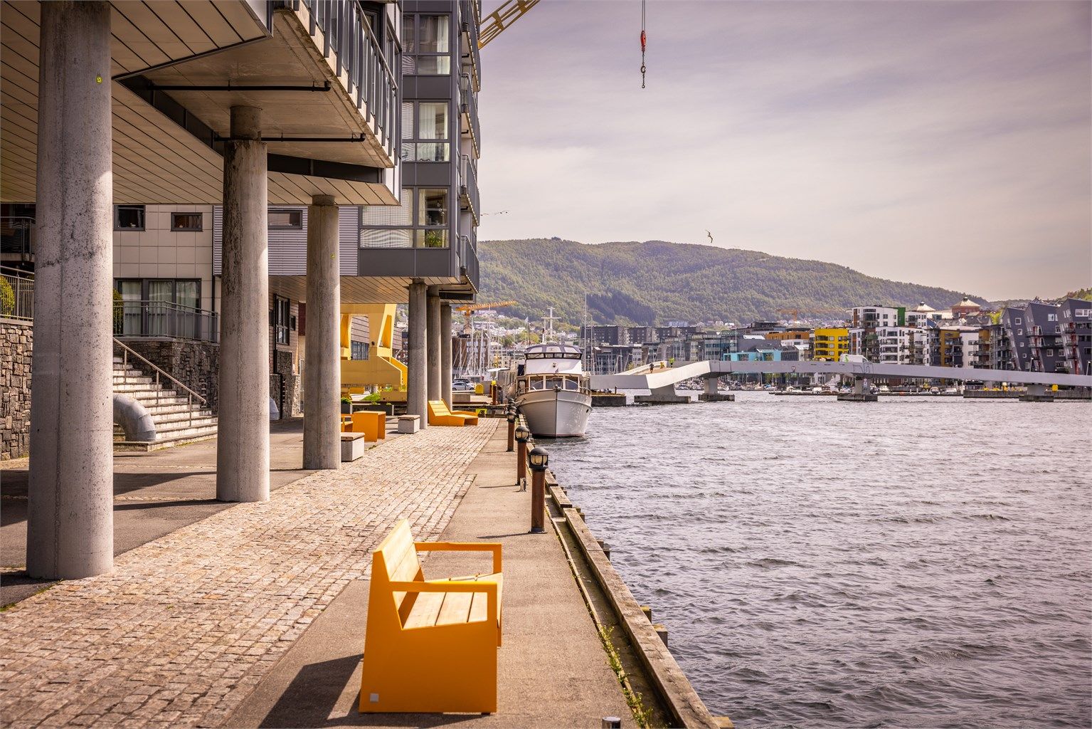Borettslagets felles uteområde strekker seg ned mot en felles brygge for beboerne.
