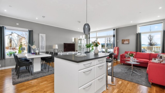 Leiligheten er gjennomgående lys og luftig med utstrakte vindusflater som sikrer rikelig med naturlig dagslys.