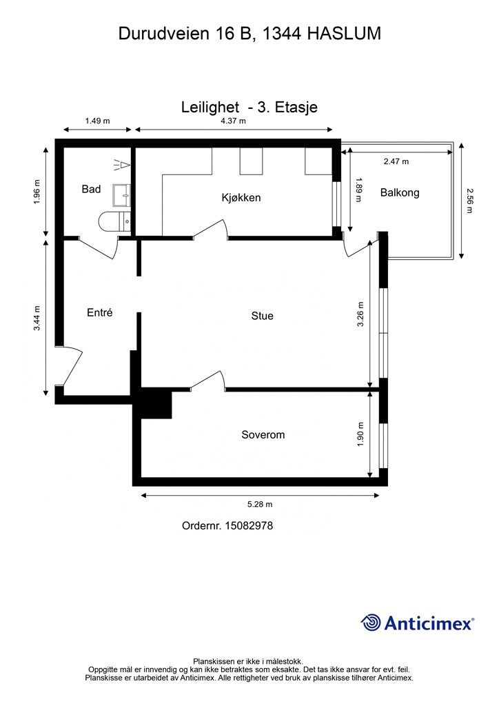 Målsatt planskisse - Durudveien 16 B - 3. etasje