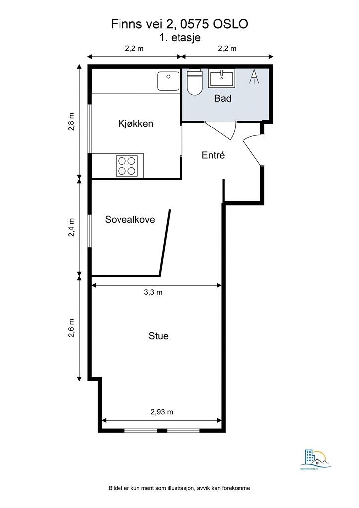 Planløsningen på 34 m² rommer entré, bad, separat kjøkken og stue med sovealkove.