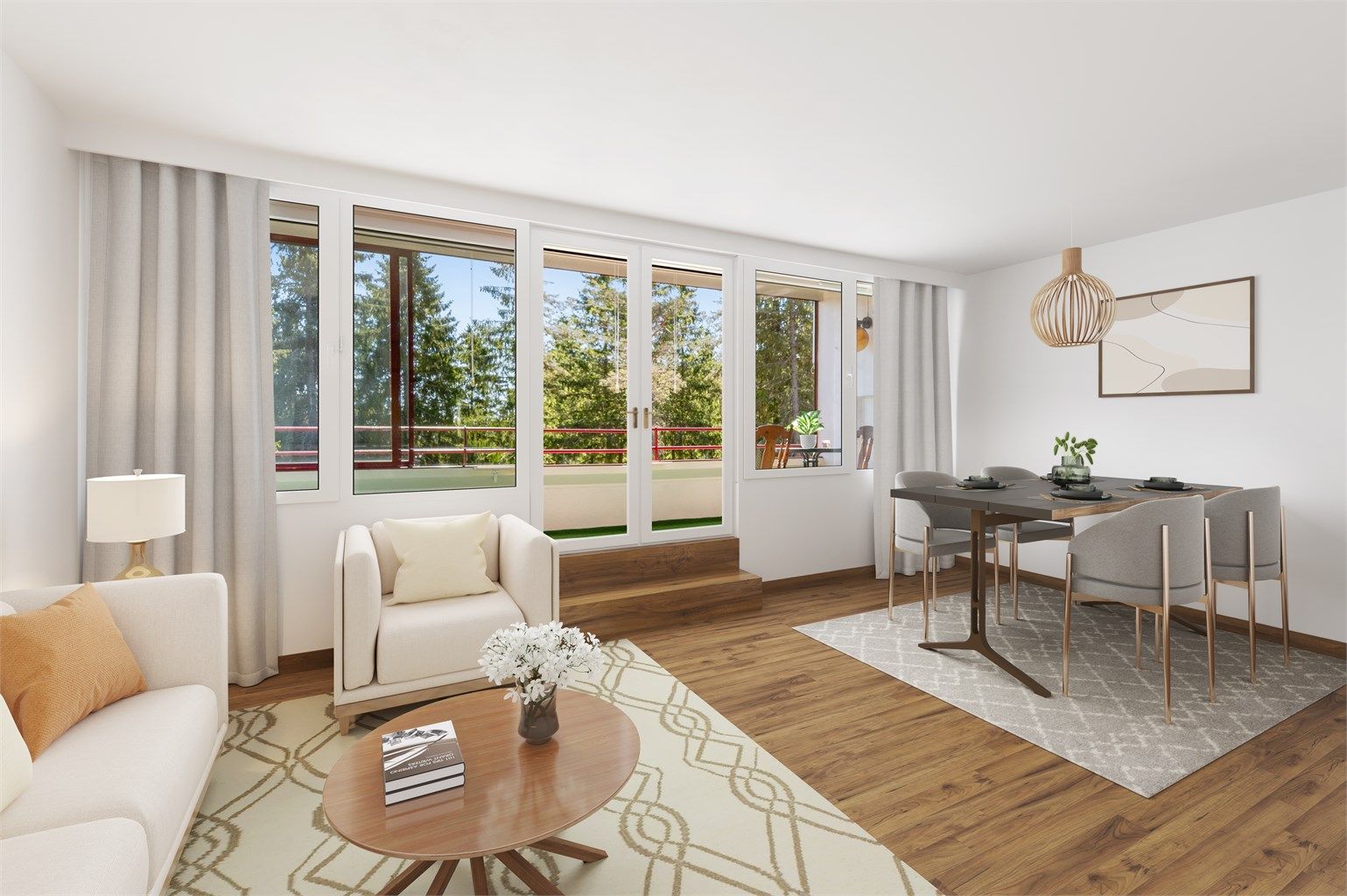 En lys og arealeffektiv 3-roms leilighet med solrik og innglasset balkong. Bildet er digitalt stylet. 