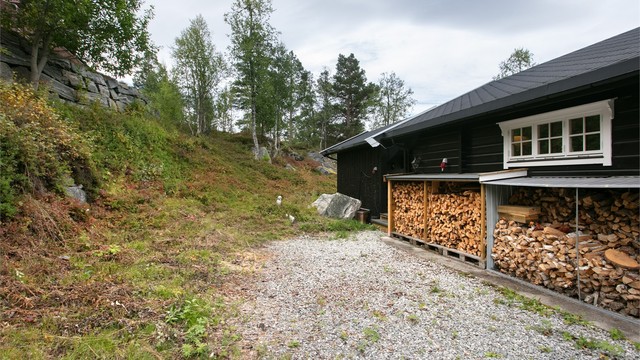 Gruset og singelt rundt hytten som forøvrig har naturtomt. God plass til ved på eiendommen