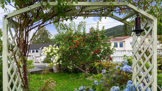 Rikelig opparbeidet og flott hage med beplantinger mot nord