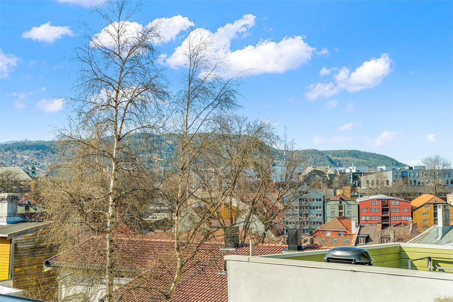 Fra boligen har du utsyn mot et etablert boligområde med nærhet til både Festningsparken og rekreasjonsmuligheter langs Nidelven.