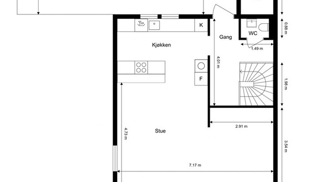 Første etasje samler de sosiale sonene, med en åpen løsning mellom stue og kjøkken, og utgang til både balkong og en stor terrasse.