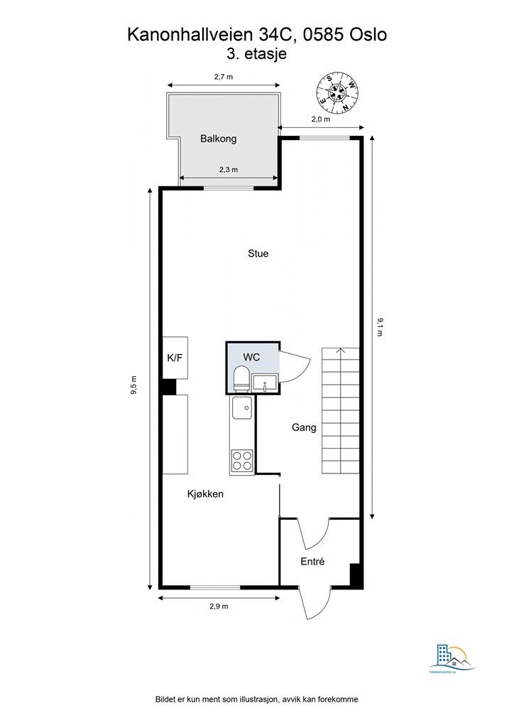 Leilighetens første plan inneholder entré, kjøkken, stue, wc og utgang til balkong.