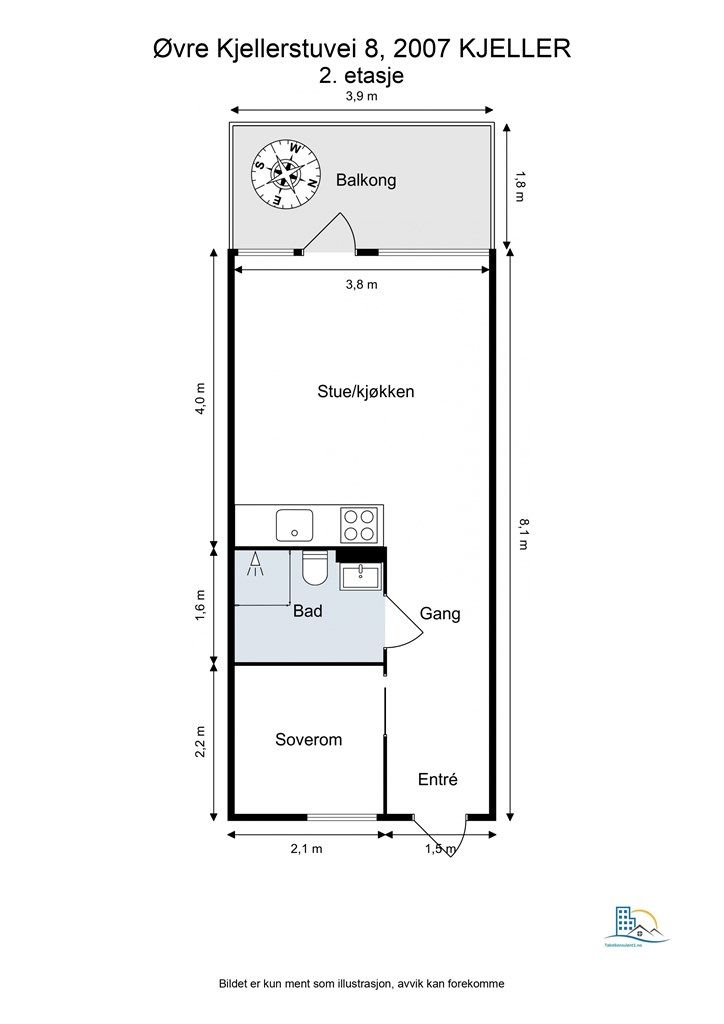 Planløsningen på 30 m² er effektivt utnyttet med en klar soneinndeling mellom privat og sosial del.