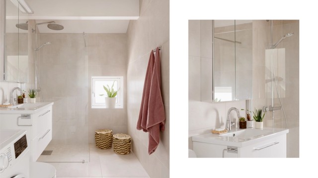 Innredningen består av servant med underskap med speilskap med lys over servanten. Badet har mekanisk avtrekk som sikrer god ventilasjon.