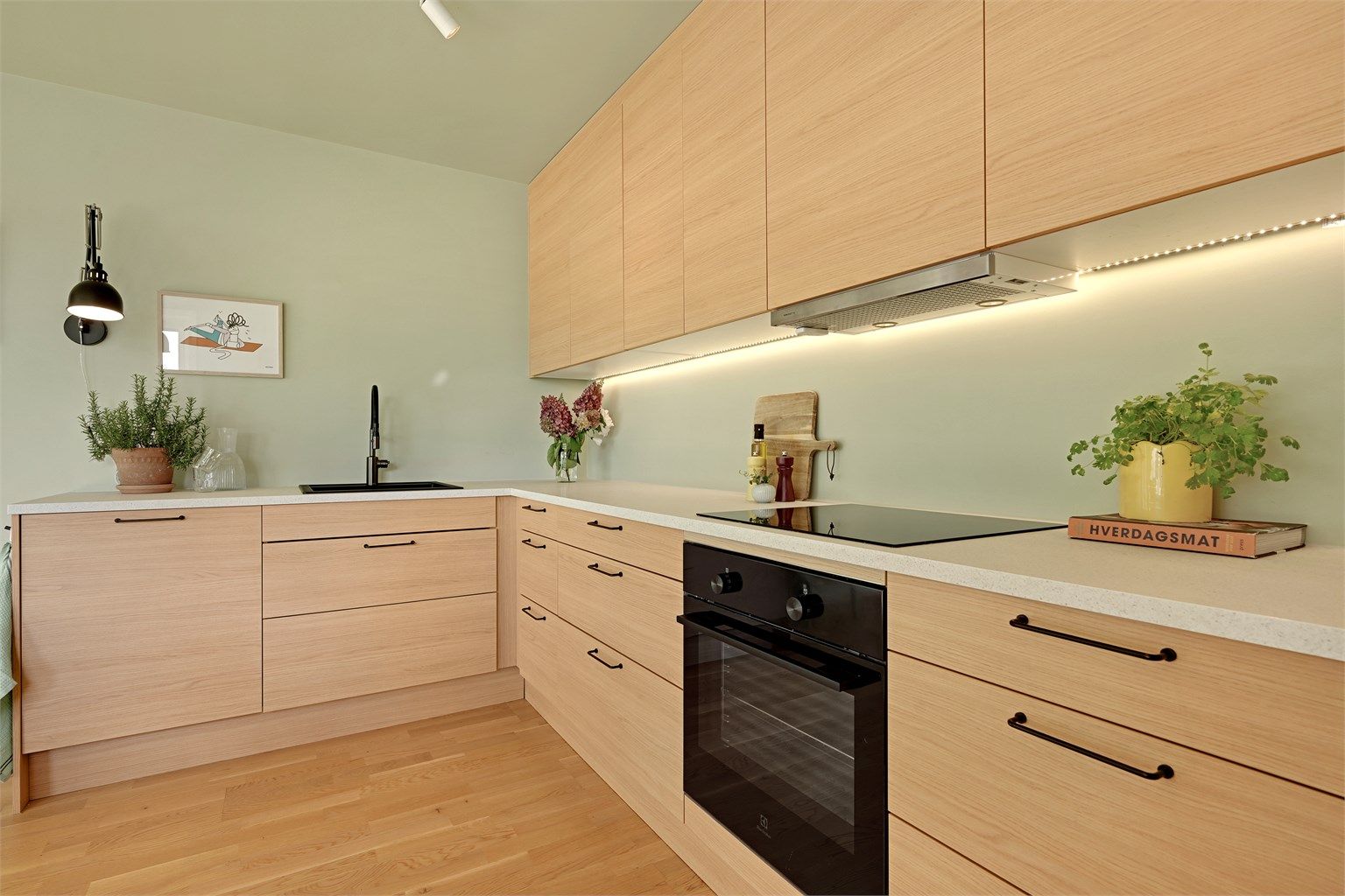 Laminat benkeplate med integrert platetopp og stekeovn.