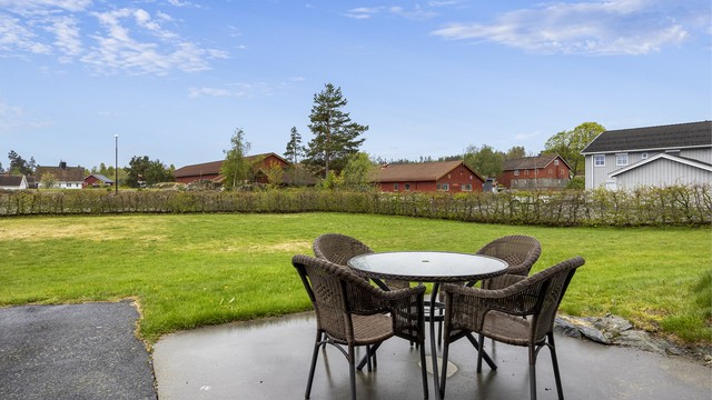 Flat og pent opparbeidet uteareal med stor plen og asfaltert innkjørsel.
