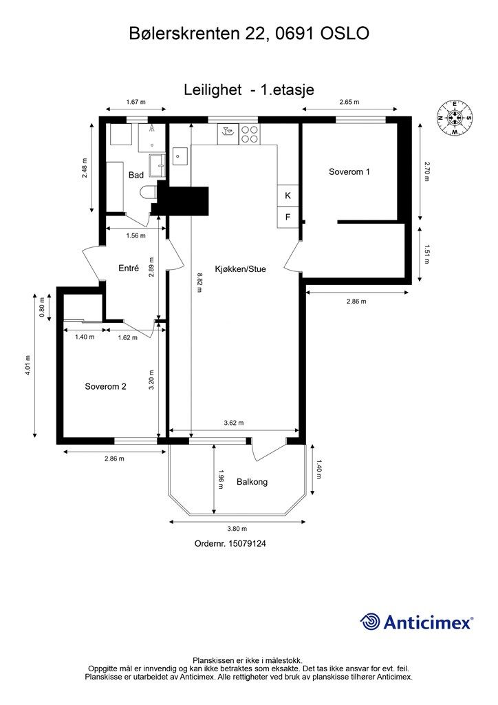 Leiligheten har en arealeffektiv planløsning med to soverom og åpen stue- og kjøkkenløsning.
