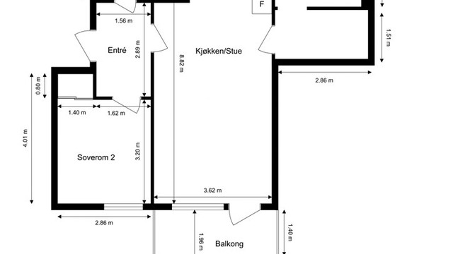 Leiligheten har en arealeffektiv planløsning med to soverom og åpen stue- og kjøkkenløsning.