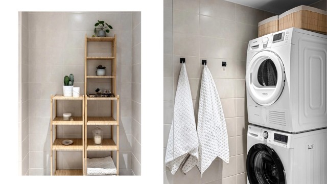 Det er både plass og opplegg for vaskemaskin og tørketrommel i praktisk nisje.