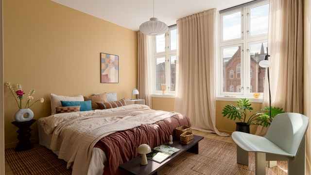 De store vindusflatene går igjen også på soverommet. Rommet vender mot Orknøygata, med Vålerenga skole som nærmeste nabo.