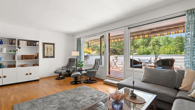 Utgang fra stuen/spisestuen til vestvendt terrasse