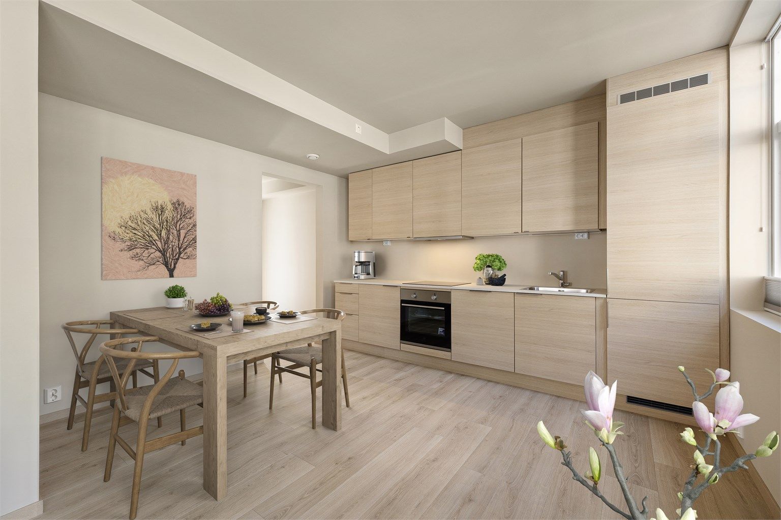 Leilighetens indre er utformet av studio Kaya & Co. Resultatet er et svært helhetlig og delikat uttrykk. Alle innvendige bilder er digitalt stylet.