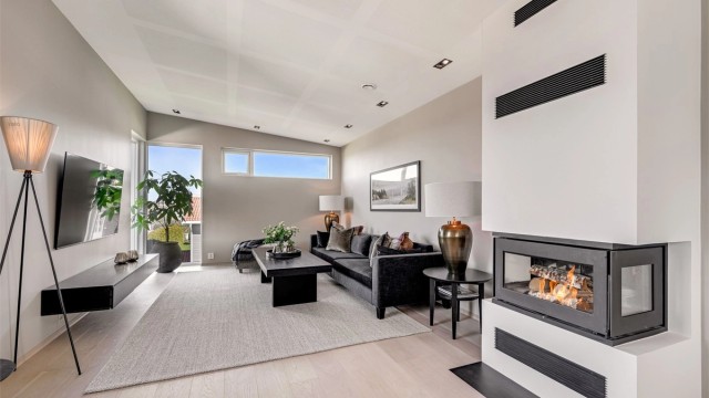 En moderne peis med isolert stålpipe skaper en lun atmosfære i stuen.