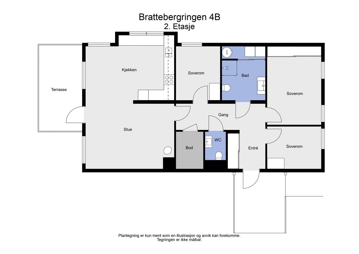 Leiligheten har en arealeffektiv planløsning med tre soverom og separat toalettrom.