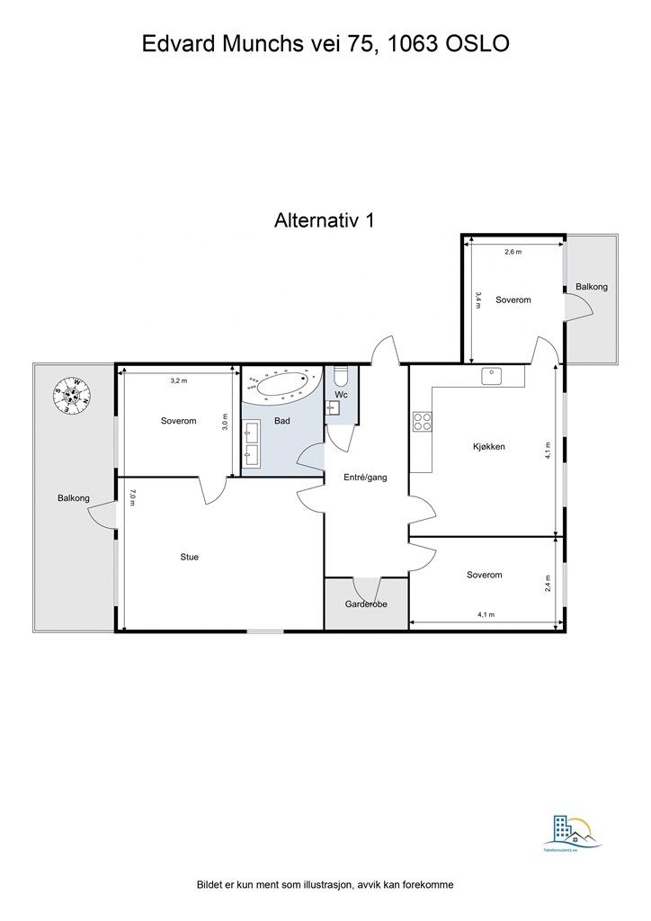 Boligens originale plantegning innehar et soverom ut mot balkongen. 