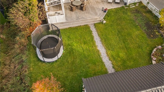 Svakt skrånende tomt som er pent opparbeidet med gressplen, trær, gjerde, hekk, prydbusker og diverse beplantninger.