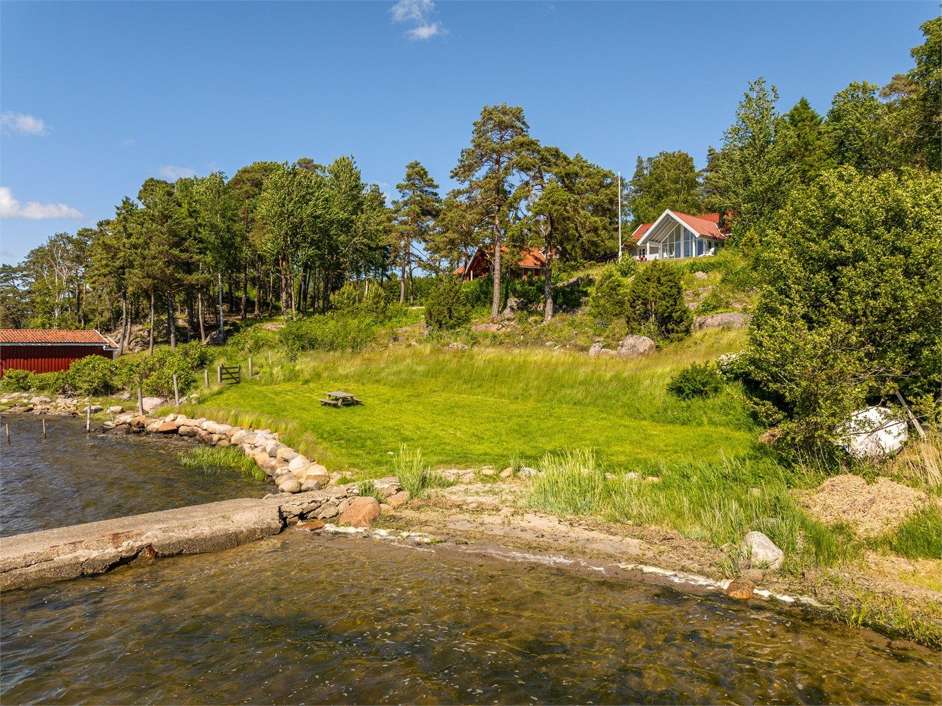 Del av stranden sør for bryggen inngår på fellesarealet, frem til tomtegrensen som er omtrentlig markert med rundsteiner.