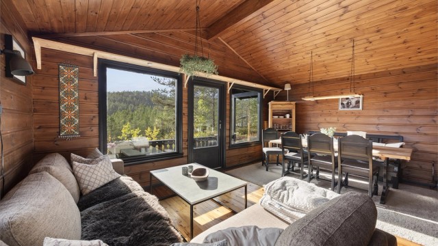 Stuen har en åpen og luftig utforming med store vindusflater som gir godt med dagslys og fint utsyn mot skogsterrenget.
Foto: Foto: Hallvard Rimereit