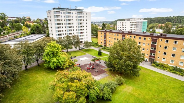 Flott utsyn mot grøntarealer og skogholt i horisonten.