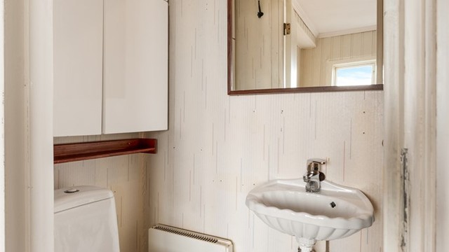 Badet har gulvstående toalett og dusjkabinett.
