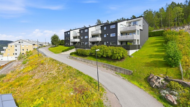 Sameiet har en pent opparbeidet skrånende tomt med plen og beplantninger og praktiske støttemurer