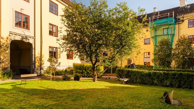 Her får du en sjelden kombinasjon av urban beliggenhet, fredelige omgivelser og en frodig bakgård som nærmest føles som en privat hage.