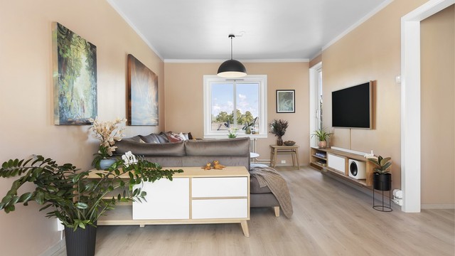 Stuen er romslig og har plass til en stor sofagruppe.