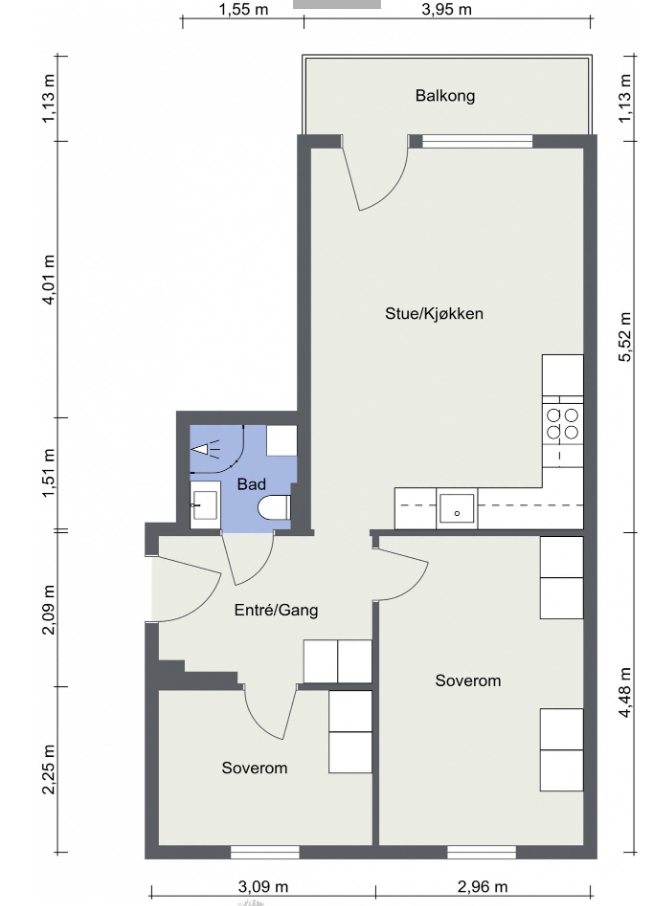 Planløsning fra annen leilighet i bygget. Her er kjøkken flyttet ut i stuen, og ekstra soverom etablert. Det er ikke undersøkt om dette er en lovlig løsning i denne boligen. Et slikt tiltak er eventuelt kjøpers risiko.